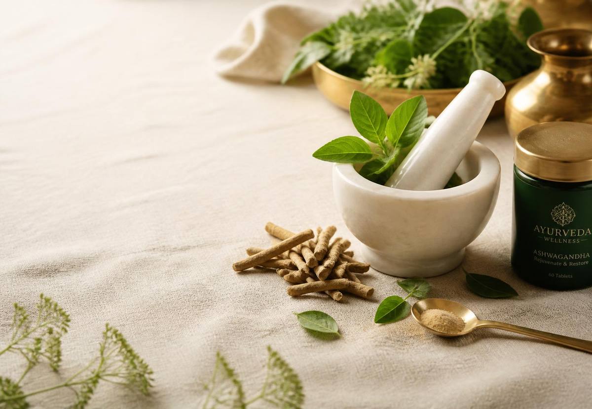 Ayurvedic herbs, roots and a marble mortar and pestle on warm linen